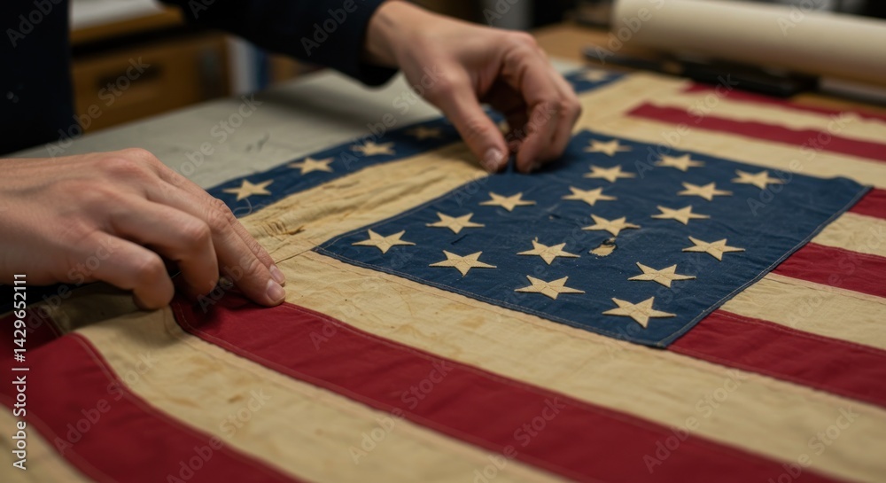 Obraz premium Hands examining an antique American flag (photo)