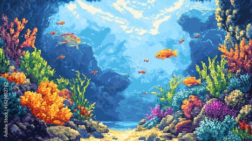 Pixelated Coral Reef Scene A Blue Ocean Paradise ideal for avantgarde fashion lookbook elements