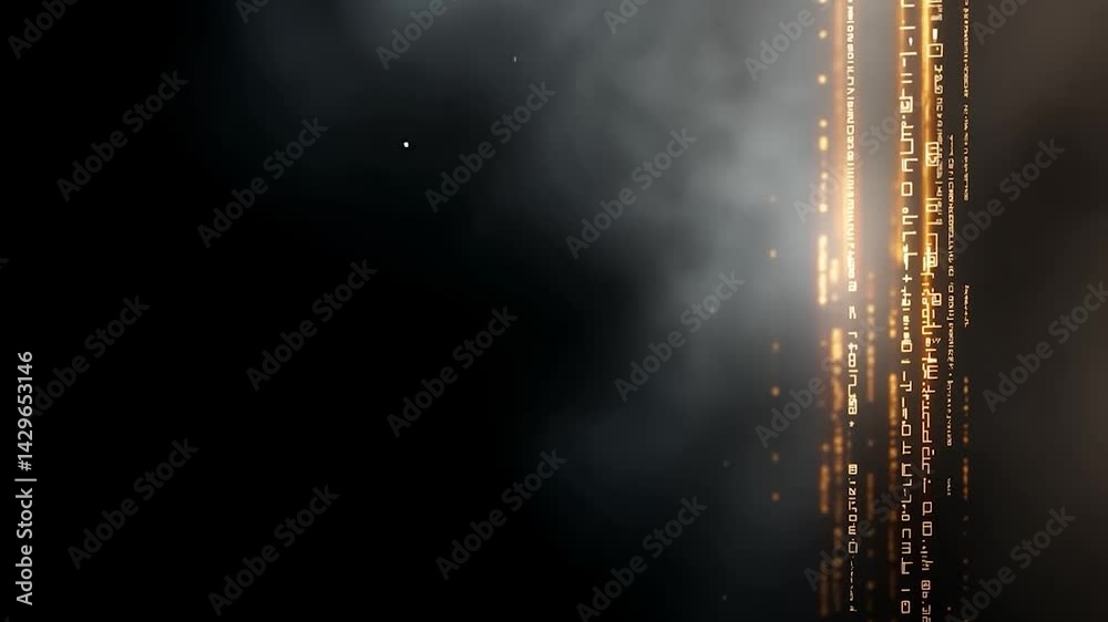 Vertical Gold Lines Cascading With Light On Dark Smoky Background Artistic Composition Vertical Gold Lines Cascading With Light On Dark Smoky Background Artistic Composition
