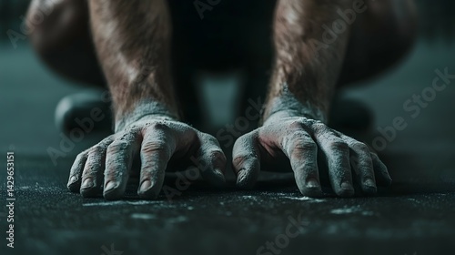Close-up of a person's hands covered in gym dust, preparing for exertion.