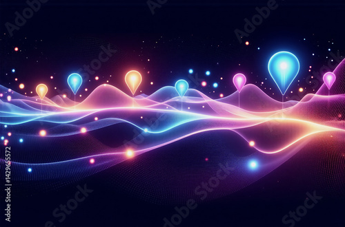 Abstract digital landscape with glowing neon waves and light points, suggesting connectivity and flow.  Vibrant colors create a futuristic, ethereal atmosphere.