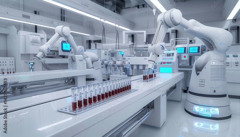 Advanced blood separation process with robotic arms, test tubes, glowing blue indicators, clean white environment, sharp details.