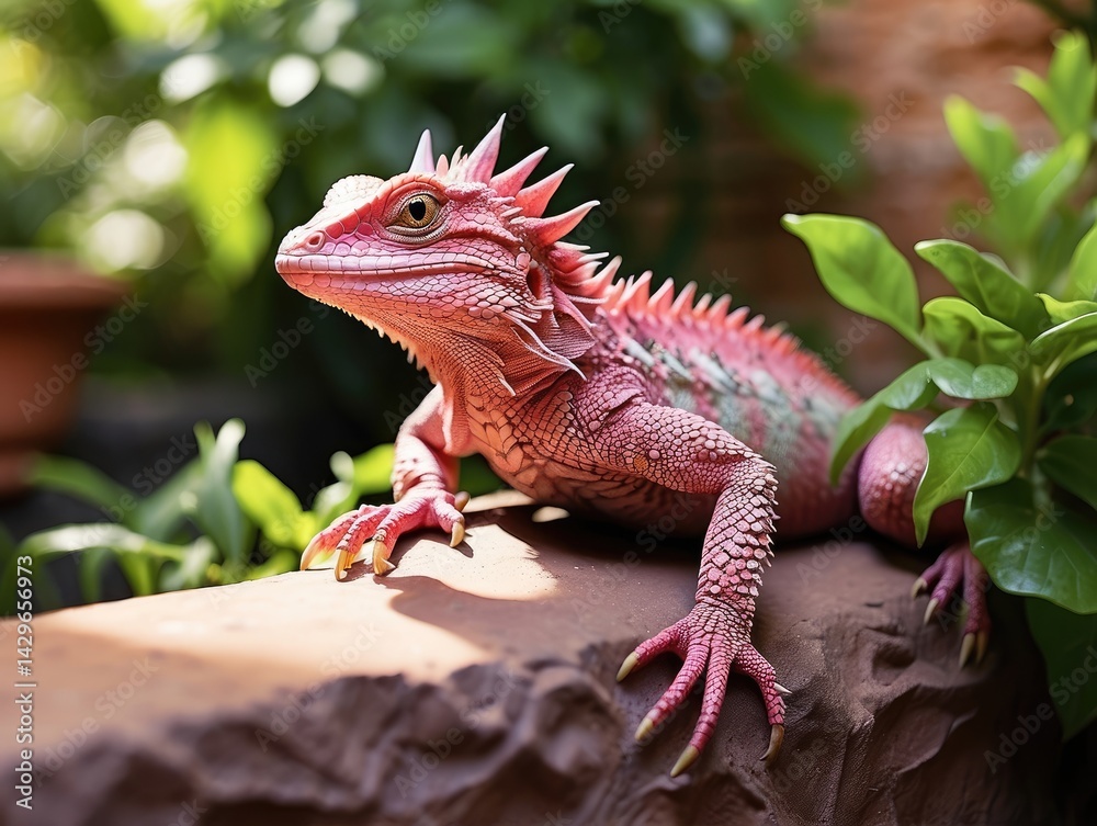 Fototapeta premium Vibrant Pink Lizard Resting on a Sunlit Stone