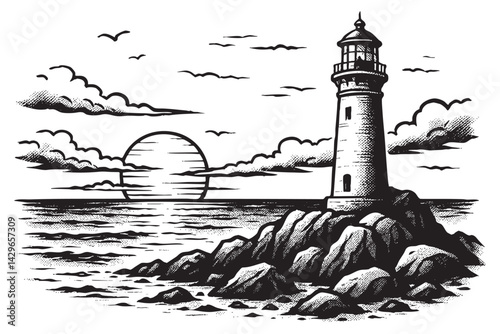 Lighthouse rocky coast sea woodcut engraving vector illustration