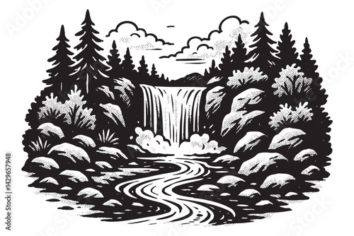 waterfall flowing into river surrounded by rocks and trees woodcut engraving vector illustration