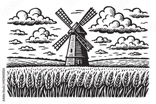 Rural windmill in open field with wheat crops and clouds woodcut engraving vector illustration