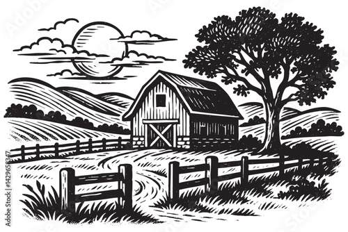 Classic countryside farm with barn, fence, and rolling hills woodcut engraving vector illustration
