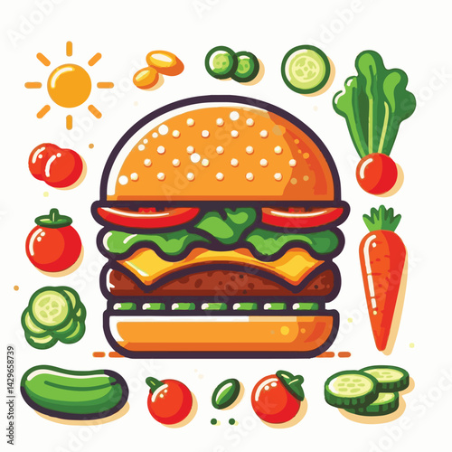 food, burger, hamburger, vegetable, vegetarian, veggie, lunch, meal, vegan, diet, meat, sandwich, bread, bun, lettuce, healthy, tomato, onion, snack, fresh, background, delicious, tasty, salad, isolat