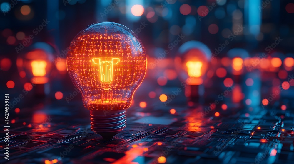 Fototapeta premium Intricate light bulbs on a circuit board radiate a warm glow. A stylized 'T' highlights the tech aesthetic, perfect for innovation and energy themes. A Digital Symphony of Innovation and Technology