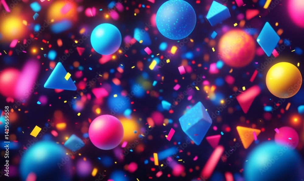 Obraz premium Abstract background with vibrant colors, geometric shapes, and confetti falling, creating a festive and dynamic atmosphere