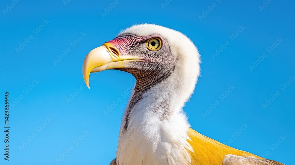 Obraz premium Close-up of a vulture's head against a vibrant blue sky. A detailed portrait of the bird's striking features, including its yellow beak, white plumage, and gray markings
