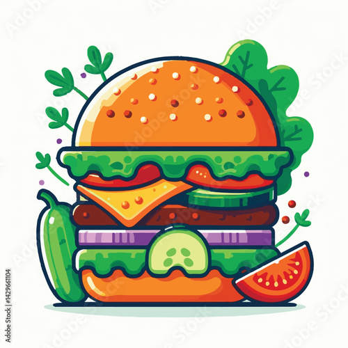 food, burger, hamburger, vegetable, vegetarian, veggie, lunch, meal, vegan, diet, meat, sandwich, bread, bun, lettuce, healthy, tomato, onion, snack, fresh, background, delicious, tasty, salad, isolat