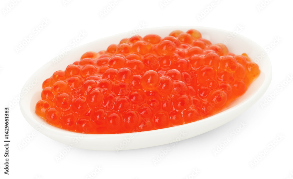 Delicious red caviar in bowl isolated on white Delicious red caviar in bowl isolated on white