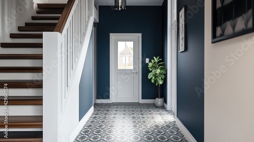 Modern hallway, stairs, navy walls, patterned floor, home design
