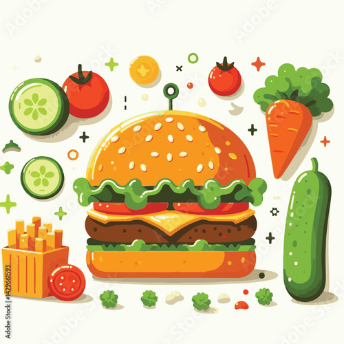 food, burger, hamburger, vegetable, vegetarian, veggie, lunch, meal, vegan, diet, meat, sandwich, bread, bun, lettuce, healthy, tomato, onion, snack, fresh, background, delicious, tasty, salad, isolat