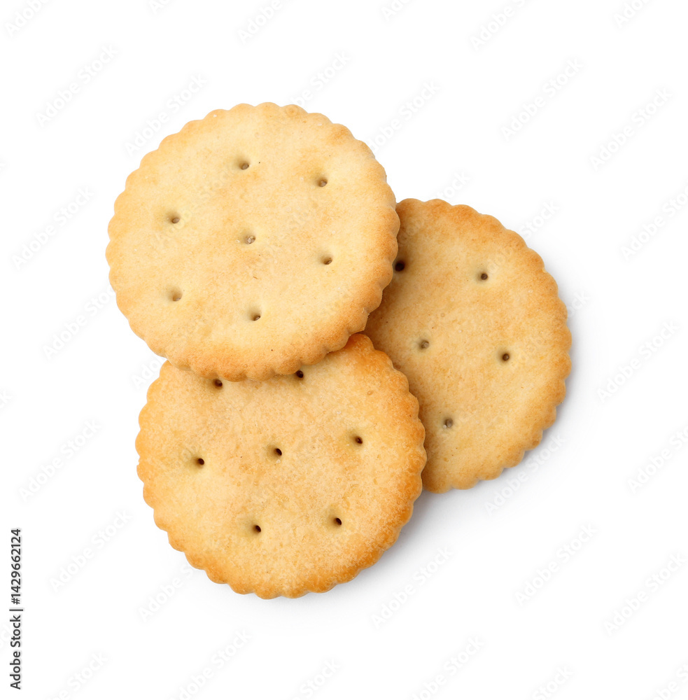 Tasty salty crackers isolated on white, top view Tasty salty crackers isolated on white, top view