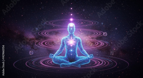 Galactic Meditation with Radiant Chakra Rings and Cosmic Balance