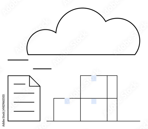 Digital document next to stacked storage boxes beneath a cloud. Ideal for cloud storage, data management, logistics, online file sharing, digitalization, warehouse, collaboration. Flat simple