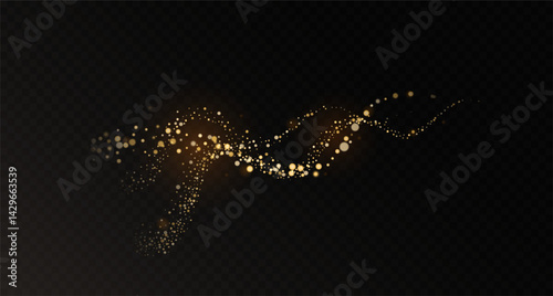 Gold, glowing magic dust trail effect on dark transparent background. Realistic wavy glowing path with round shaped sparkles or glitter. Vector illustration for graphic design, photo overlays, digital