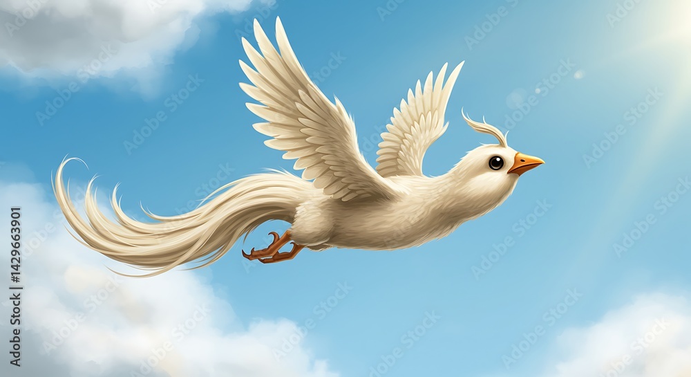 Fototapeta premium Bird Flying Against a Bright Blue Sky with Clouds