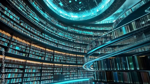 Futuristic Library Interior with Glowing Details and Spiral Staircase Design, Modern and Creative