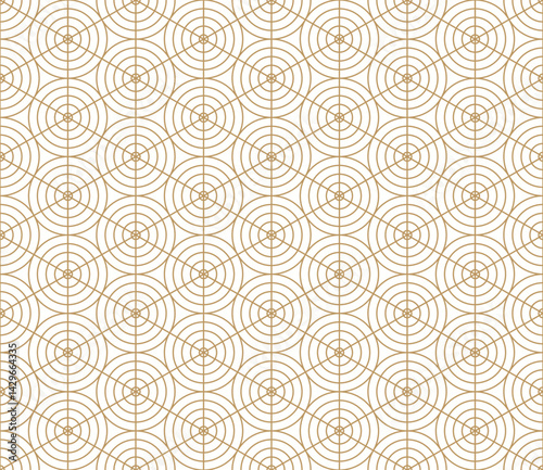 Seamless delicate gold pattern of interconnected circles and hexagons with radiating lines forms a sophisticated and rhythmic geometric design on a white background.