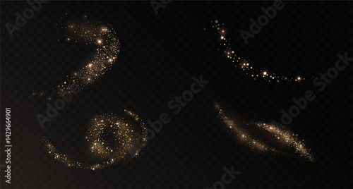 Gold dust trails with shining and sparkling and shimmering glitter particles.  Set of vector circular, wavy magical paths of light golden powder isolated on dark transparent background