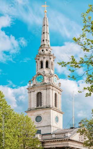 Steeple, Belfry, Tower Structures Of The St Martin In The Fields Anglican Church, 18th Century Building Exterior, Charing Cross Road, Trafalgar Square, Central London, England, United Kingdom