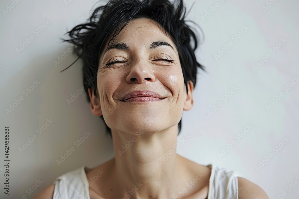 Portrait of a happy smiling middle-aged woman with closed eyes