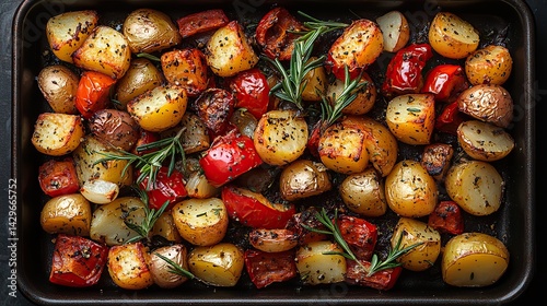 a baking tray with oven vegetables on it peppers onions potatoes zucchini garlic and herbs top view