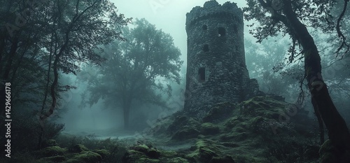 Mystical stone tower enveloped in fog in an ancient forest landscape
