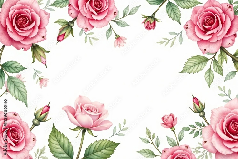 Fototapeta premium Delicate watercolor roses & leaves, repeating pattern, petals, watercolor