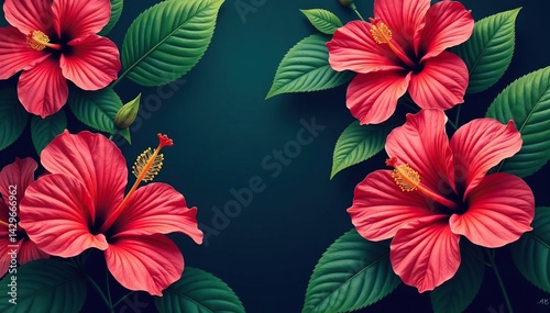 Bold hibiscus & tropical foliage, vibrant print , bloom, textile, design
