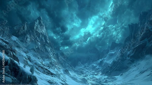 A dramatic snowy mountain landscape under a vibrant, stormy sky.
