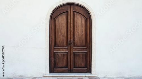 Arched wooden door on white wall, sunny day