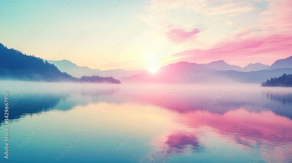Fototapeta premium Tranquil lake scene with fog hovering above water and sunrise painting the sky