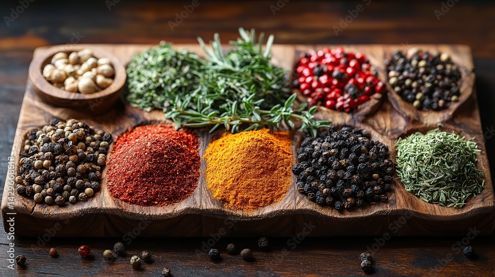 A collection of aromatic herbs and spices laid out on a wooden board A collection of aromatic herbs and spices laid out on a wooden board