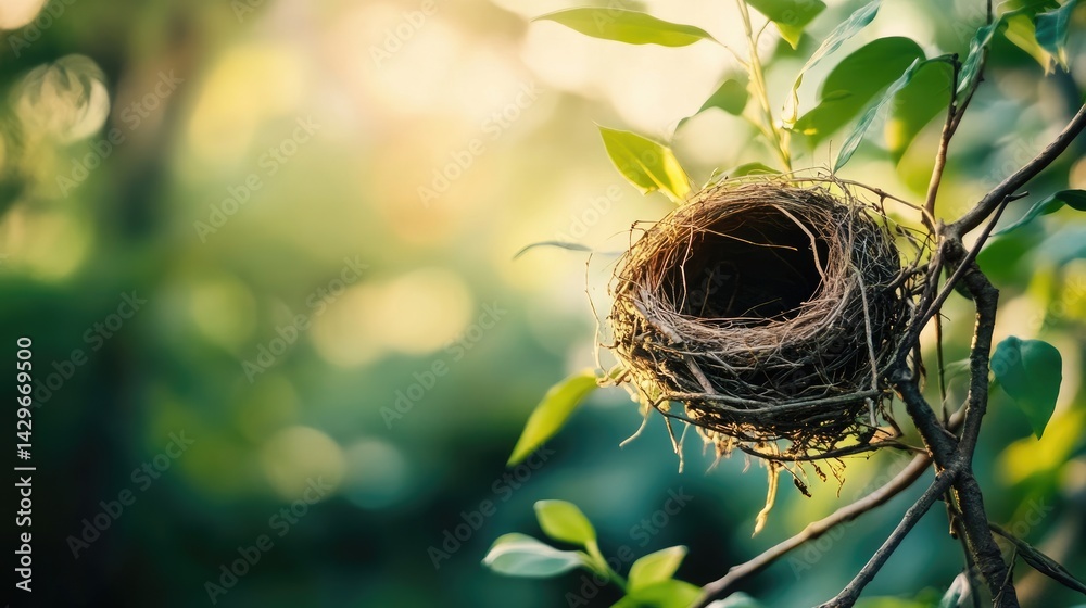 Wildlife nest nestled in a branch within a quiet forest Wildlife nest nestled in a branch within a quiet forest