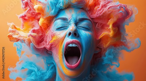A colorful head explosion from an open-mouthed woman symbolizes stress, overload, burnout, migraine, thoughts, and dementia.