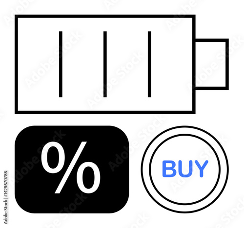 Battery outline symbolizing energy with percentage sign and buy button. Ideal for technology, e-commerce, marketing, sales, discounts, energy-saving, shopping. Flat simple metaphor
