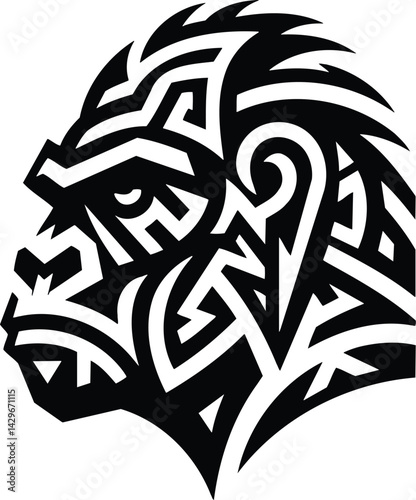 Geometric tribal gorilla head vector silhouette in black and white