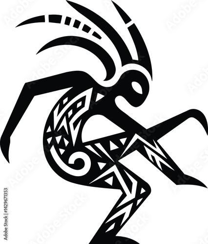 Dancing Kokopelli Silhouette with Geometric Tribal Patterns