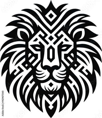 Lion Head Silhouette with Geometric Tribal Patterns