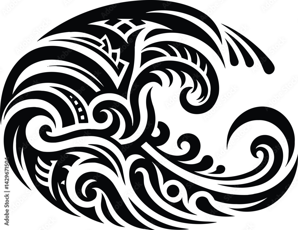 Fototapeta premium Tribal Ocean Wave Silhouette with Geometric Patterns
