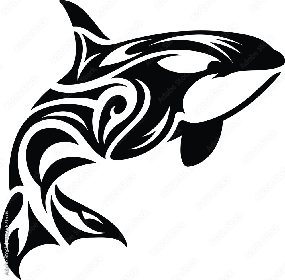 Obraz premium Dynamic Orca Silhouette with Tribal Art Details Mid Breach