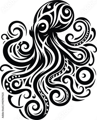 Tribal Octopus Silhouette with Swirling Tentacle Art