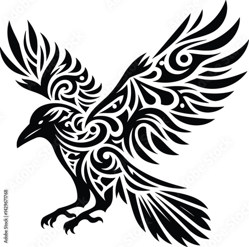 Tribal Raven Silhouette with Intricate Wing Patterns