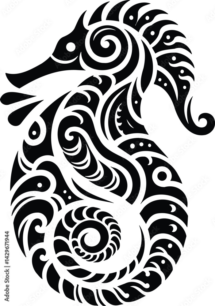 Tribal Seahorse Silhouette with Flowing Art Patterns Tribal Seahorse Silhouette with Flowing Art Patterns