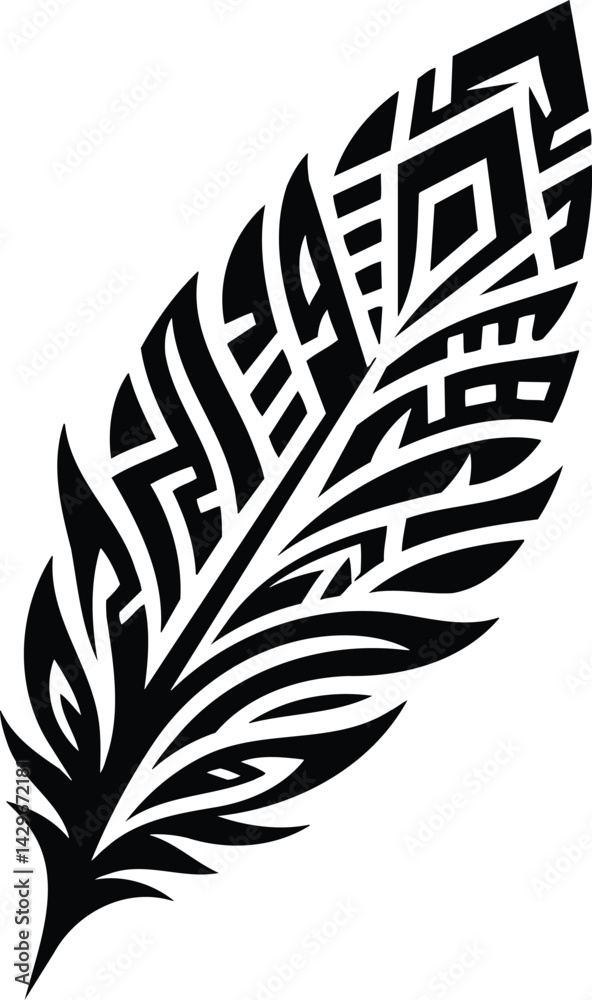Tribal Art Feather Silhouette with Geometric Patterns Tribal Art Feather Silhouette with Geometric Patterns
