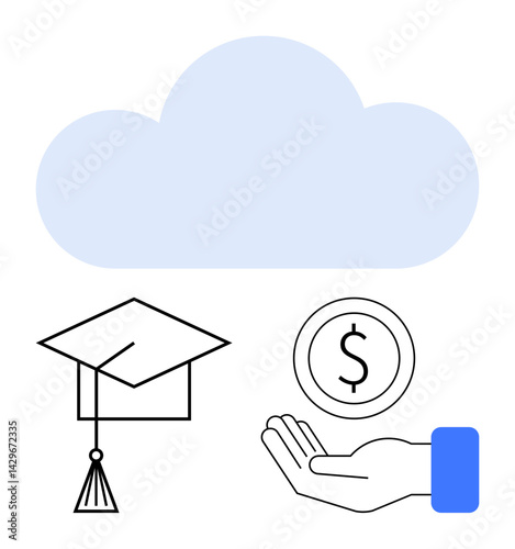Cloud icon with graduation cap, coin in hand, representing online education, financial aid, and modern technology. Ideal for learning management, scholarship platforms, education funding, technology